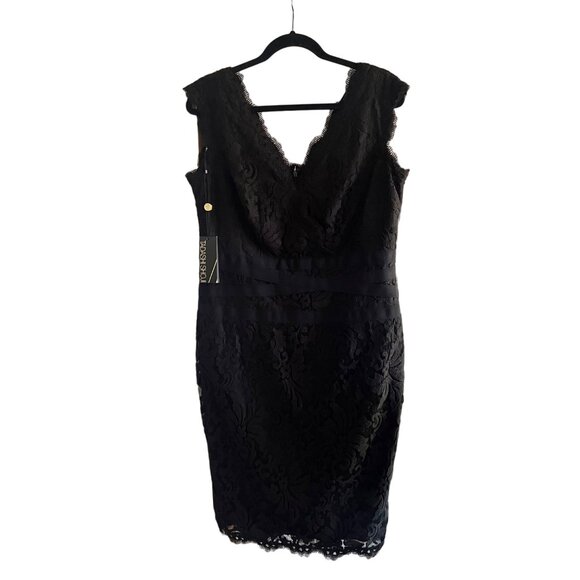 Tadashi Shoji Size 16 Black Lace V-Neck Scallop Edged Midi Dress - Picture 1 of 16